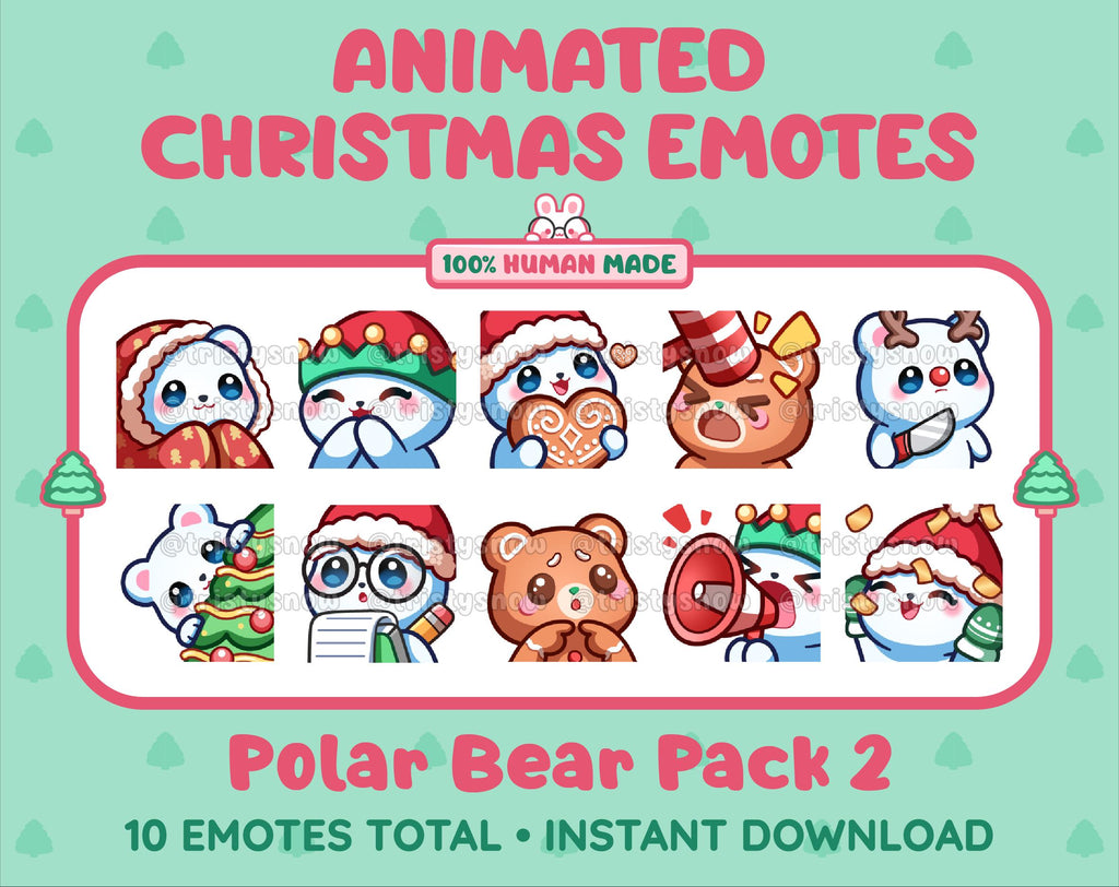 Polar Bear Christmas animated Twitch emote pack featuring 10 emotes including cozy, bonk, lurk, and hype.