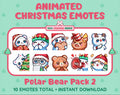 Polar Bear Christmas animated Twitch emote pack featuring 10 emotes including cozy, bonk, lurk, and hype.
