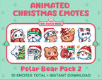 Polar Bear Christmas animated Twitch emote pack featuring 10 emotes including cozy, bonk, lurk, and hype.