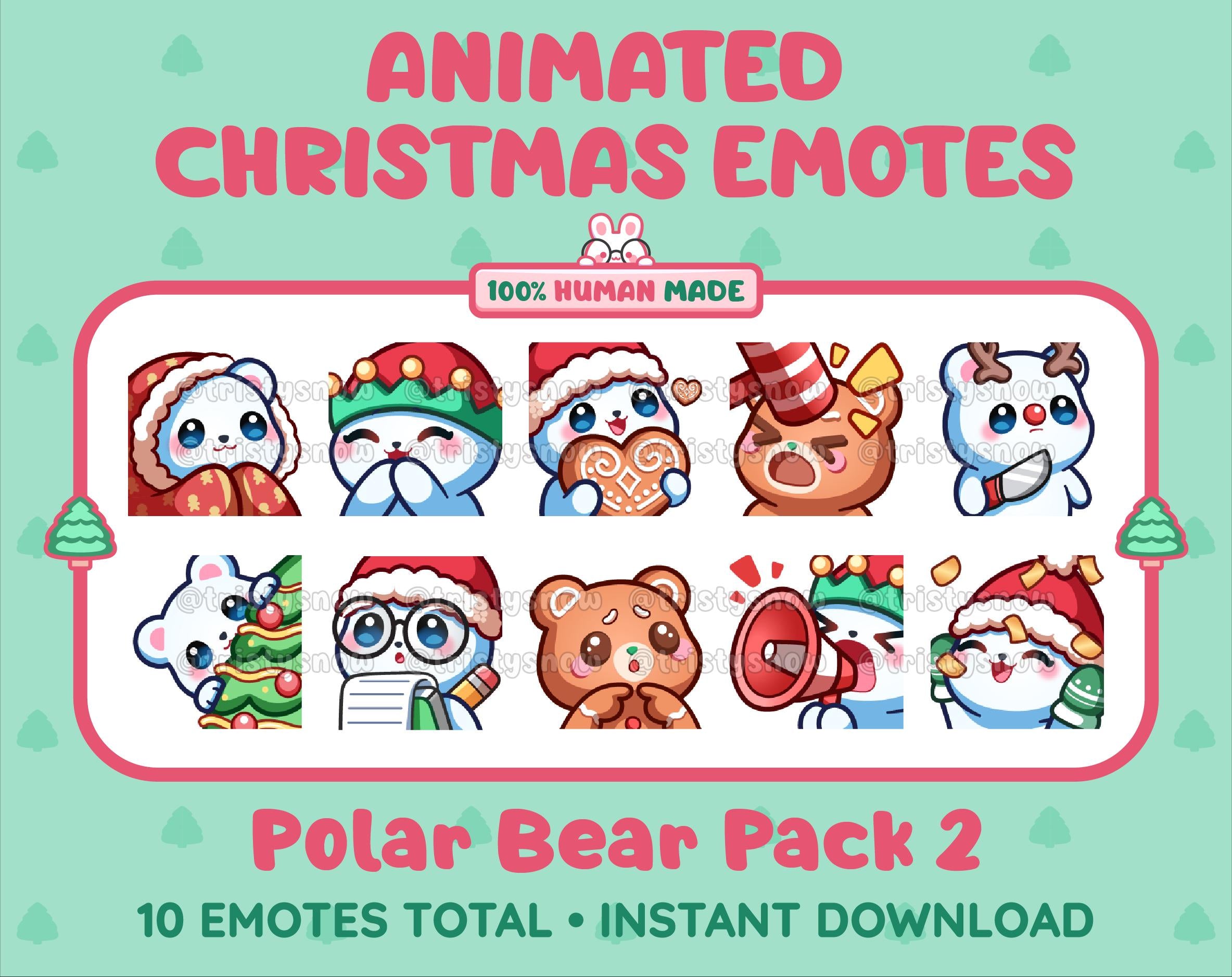 Polar Bear Christmas animated Twitch emote pack featuring 10 emotes including cozy, bonk, lurk, and hype.