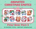 Polar Bear Christmas animated Twitch emote pack featuring 10 emotes including hug, sus, cry, and panic.