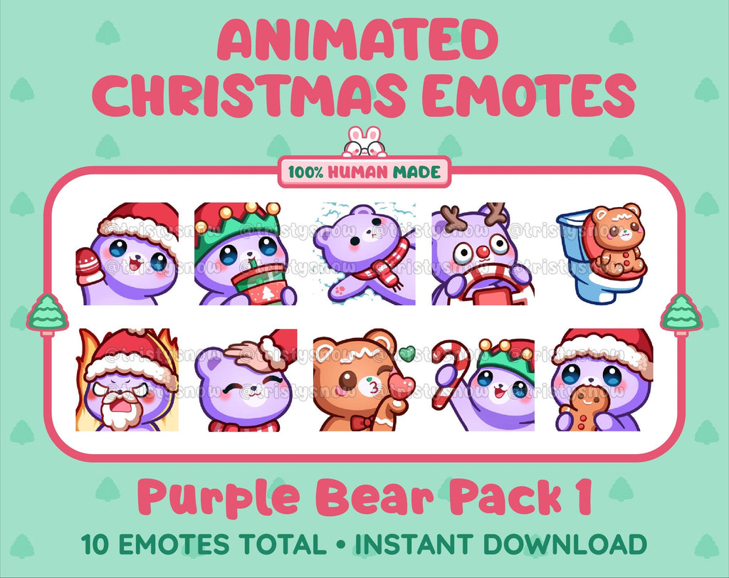 Purple Bear Christmas animated Twitch emote pack featuring 10 emotes including angry, kiss, candy, and cookie.