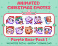 Purple Bear Christmas animated Twitch emote pack featuring 10 emotes including angry, kiss, candy, and cookie.