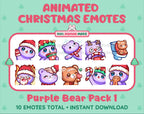 Purple Bear Christmas animated Twitch emote pack featuring 10 emotes including angry, kiss, candy, and cookie.