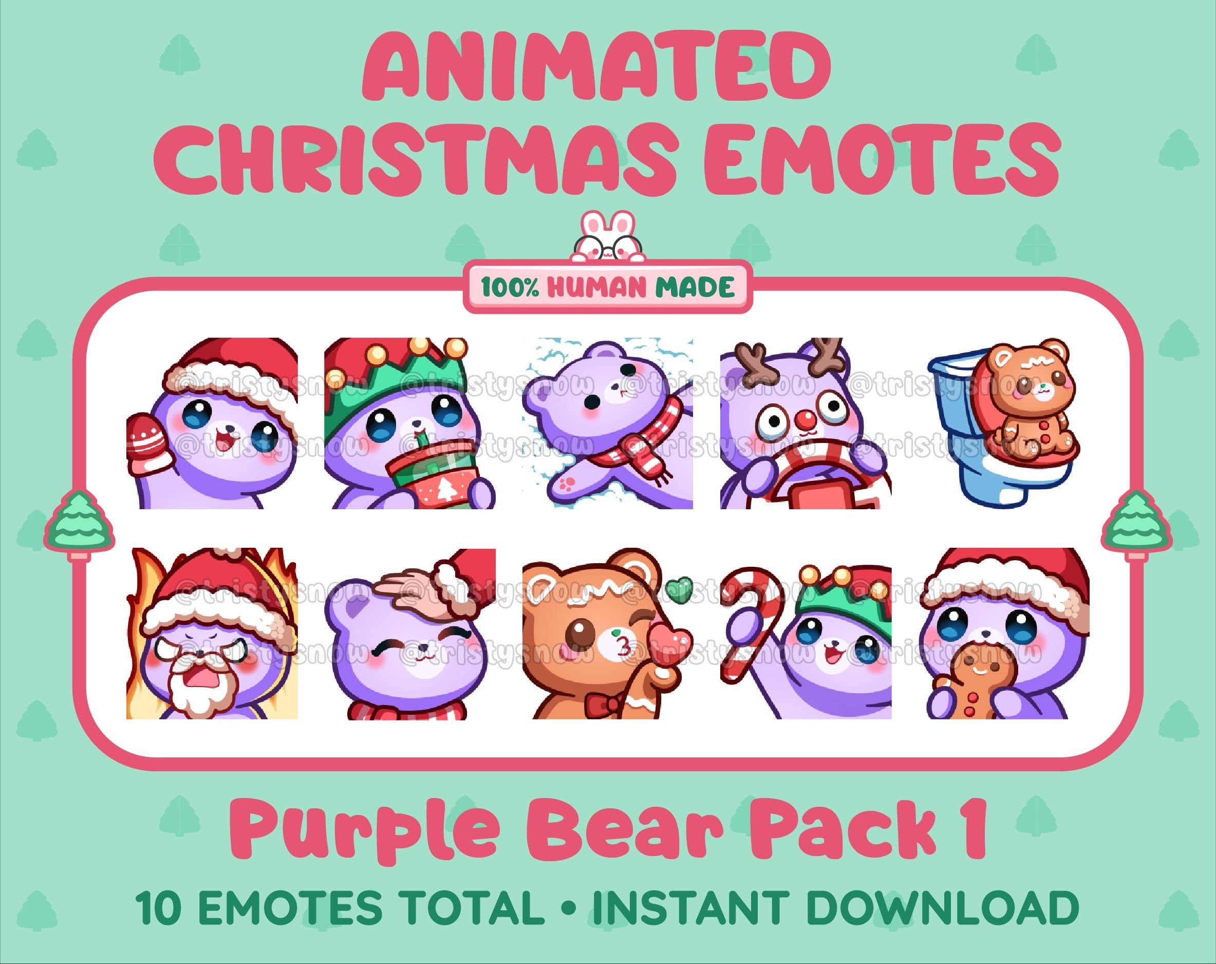 Purple Bear Christmas animated Twitch emote pack featuring 10 emotes including angry, kiss, candy, and cookie.