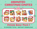 Yellow Bear Christmas animated Twitch emote pack featuring 10 emotes including angry, kiss, candy, and cookie.