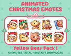 Yellow Bear Christmas animated Twitch emote pack featuring 10 emotes including angry, kiss, candy, and cookie.