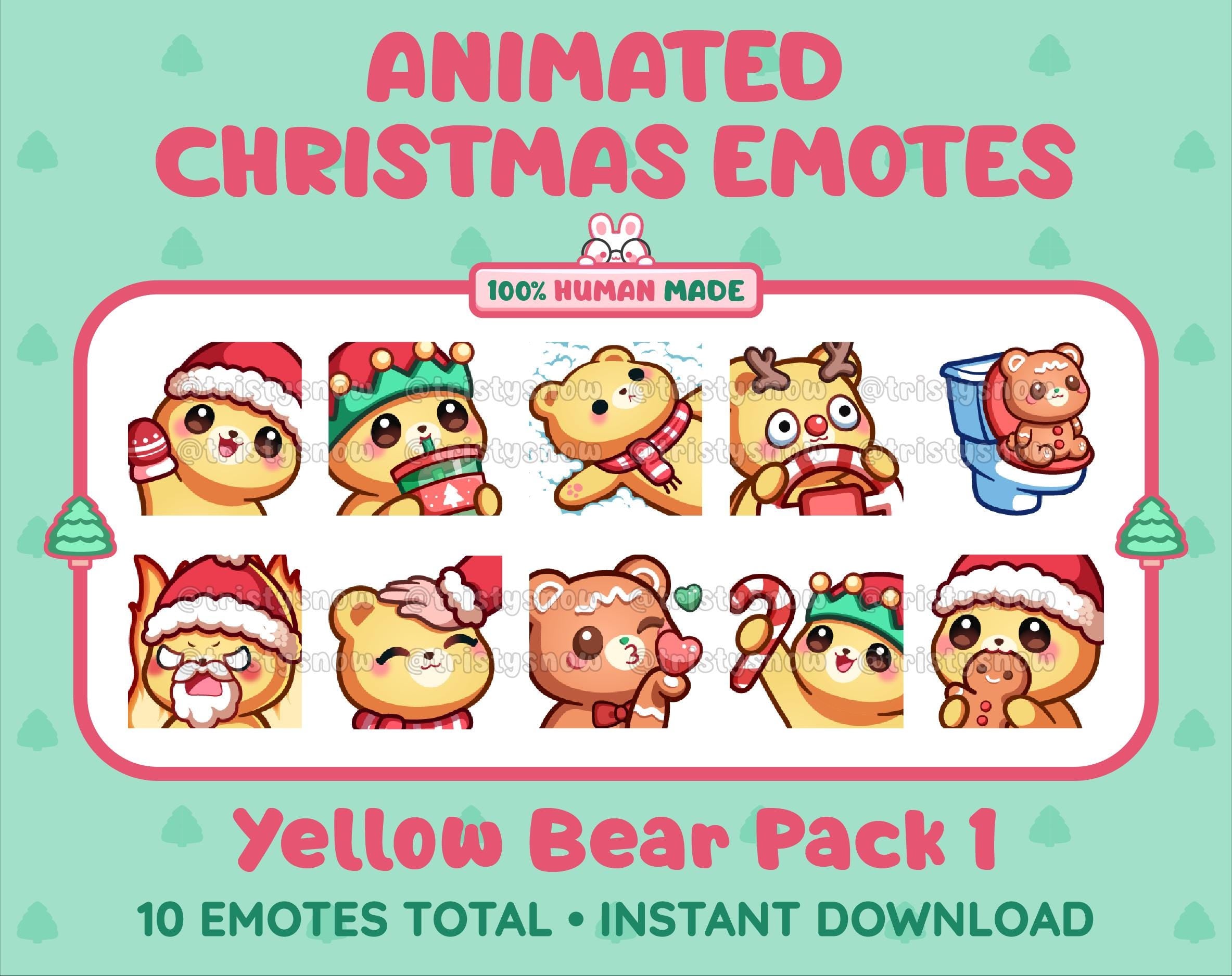 Yellow Bear Christmas animated Twitch emote pack featuring 10 emotes including angry, kiss, candy, and cookie.