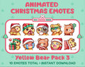 Yellow Bear Christmas animated Twitch emote pack featuring 10 emotes including hug, sus, cry, and panic.