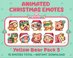 Yellow Bear Christmas animated Twitch emote pack featuring 10 emotes including hug, sus, cry, and panic.