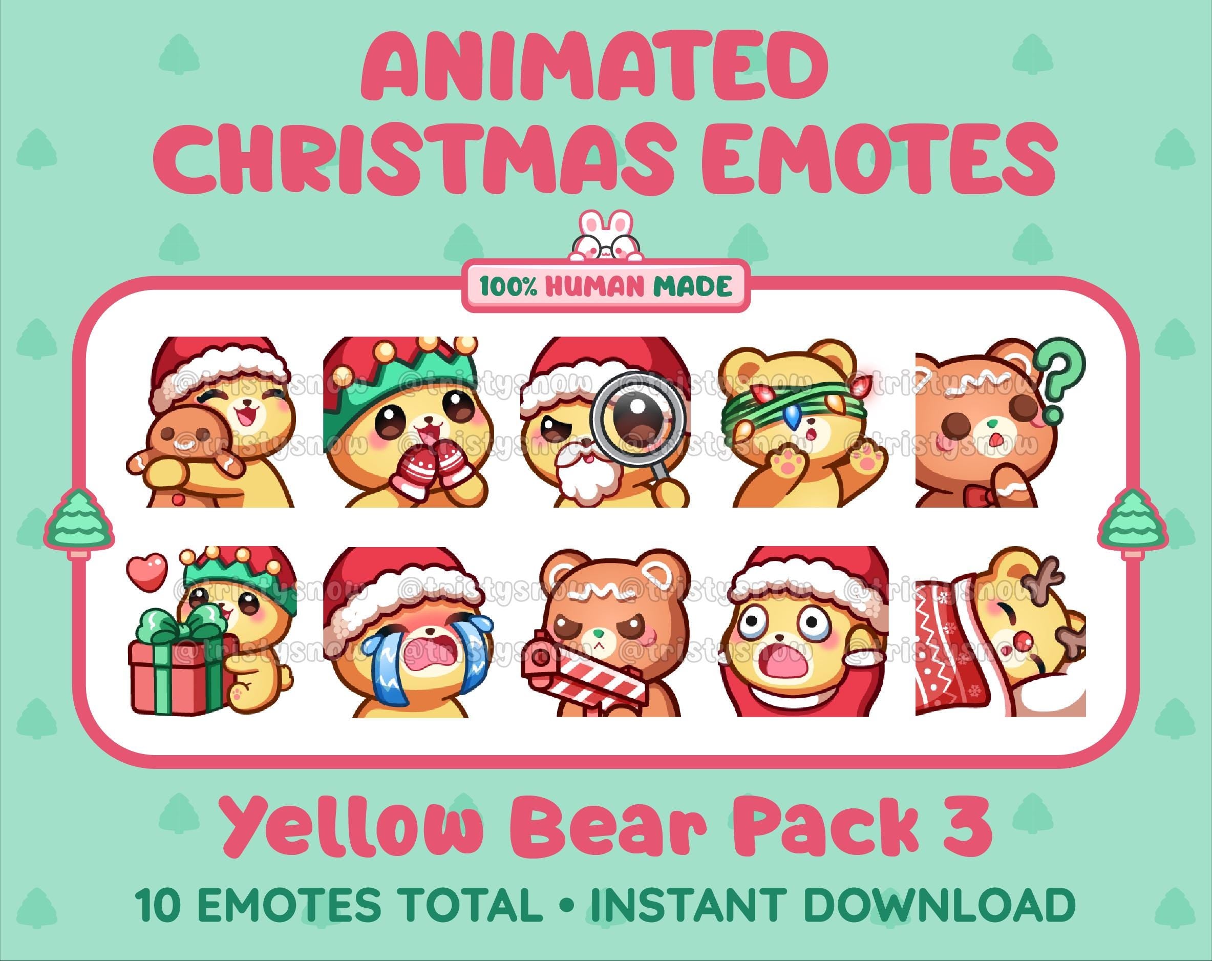 Yellow Bear Christmas animated Twitch emote pack featuring 10 emotes including hug, sus, cry, and panic.