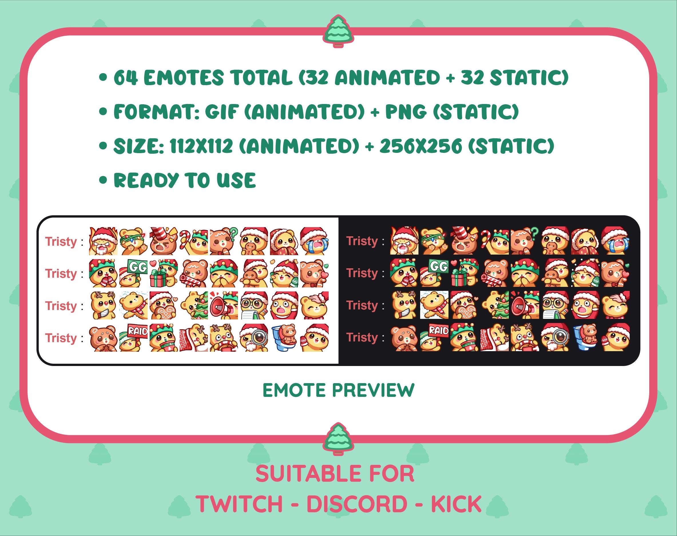 Yellow Bear Christmas animated Twitch emote mega pack preview displaying all 32 emotes with format and size information.