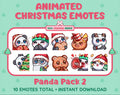 Panda Bear Christmas animated Twitch emote pack featuring 10 emotes including cozy, bonk, lurk, and hype.