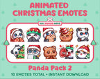 Panda Bear Christmas animated Twitch emote pack featuring 10 emotes including cozy, bonk, lurk, and hype.