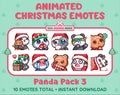 Panda Bear Christmas animated Twitch emote pack featuring 10 emotes including hug, sus, cry, and panic.
