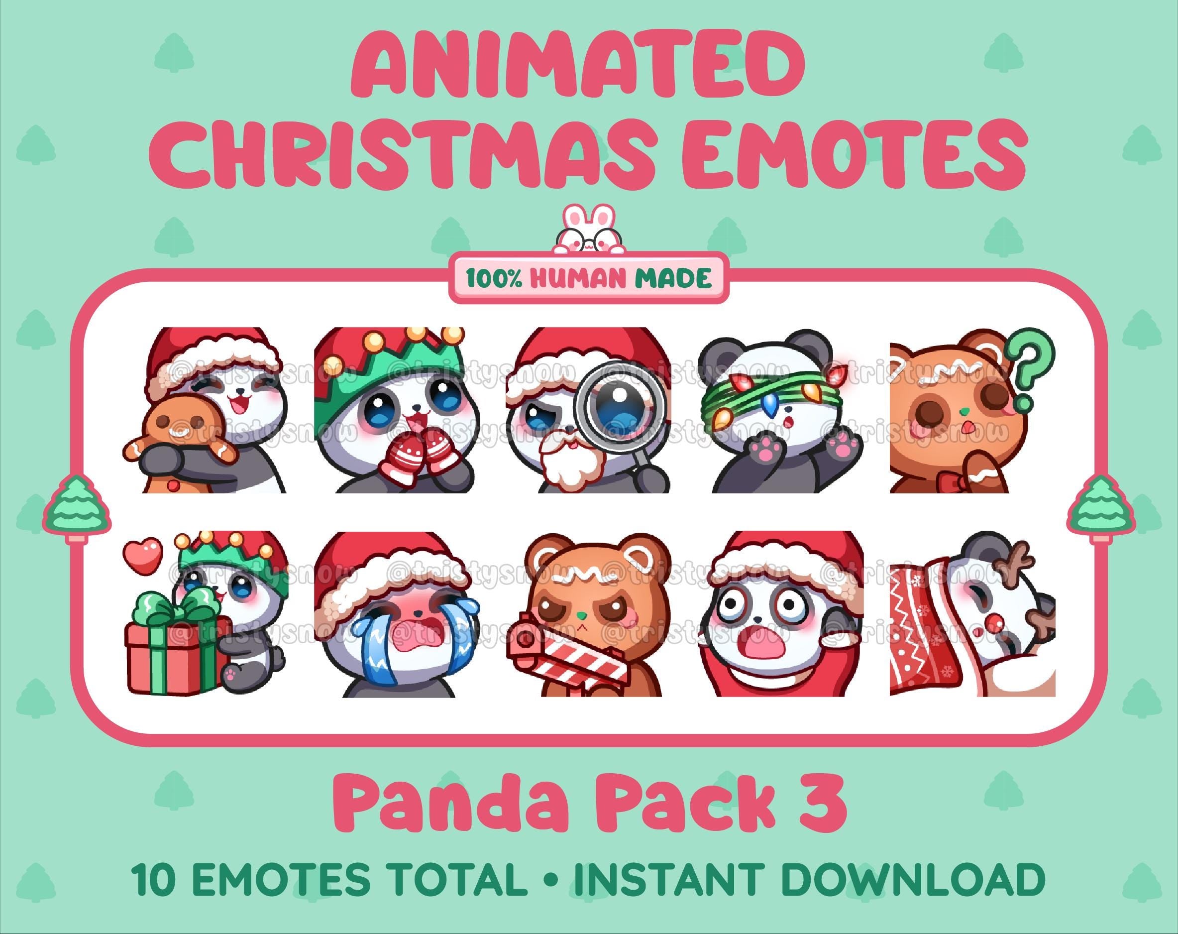 Panda Bear Christmas animated Twitch emote pack featuring 10 emotes including hug, sus, cry, and panic.
