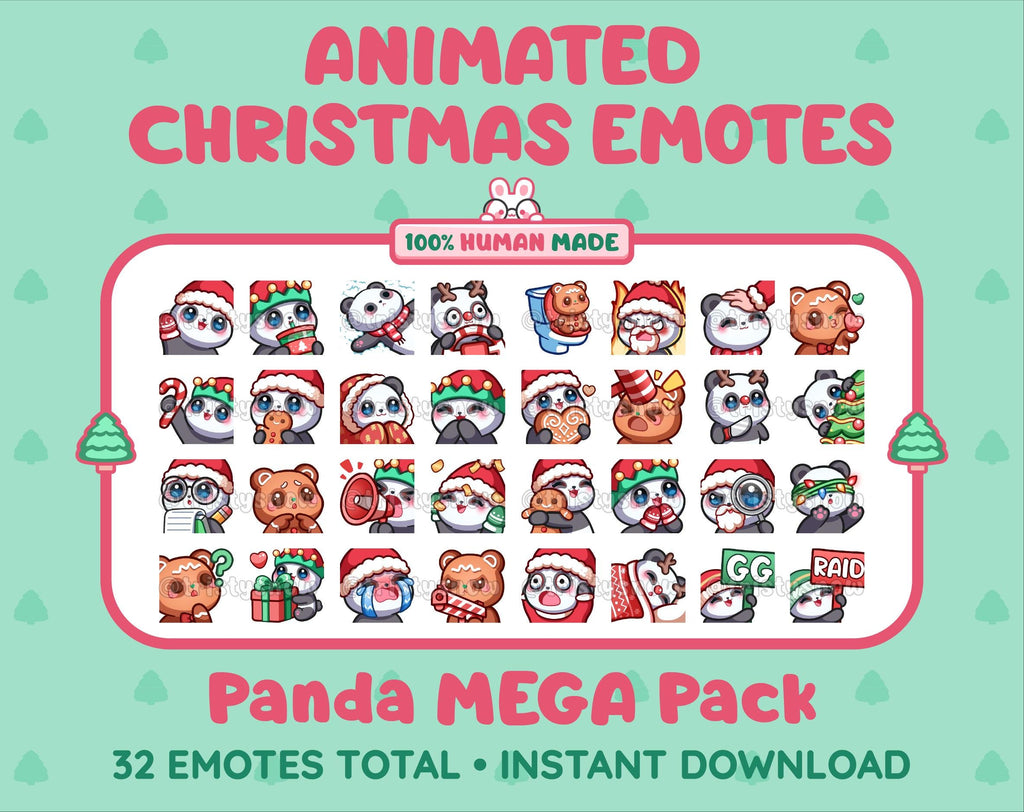 Panda Bear Christmas animated Twitch emote mega pack featuring 32 emotes including hype, gift, candy, and cookie.