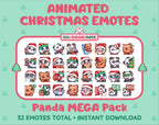 Panda Bear Christmas animated Twitch emote mega pack featuring 32 emotes including hype, gift, candy, and cookie.