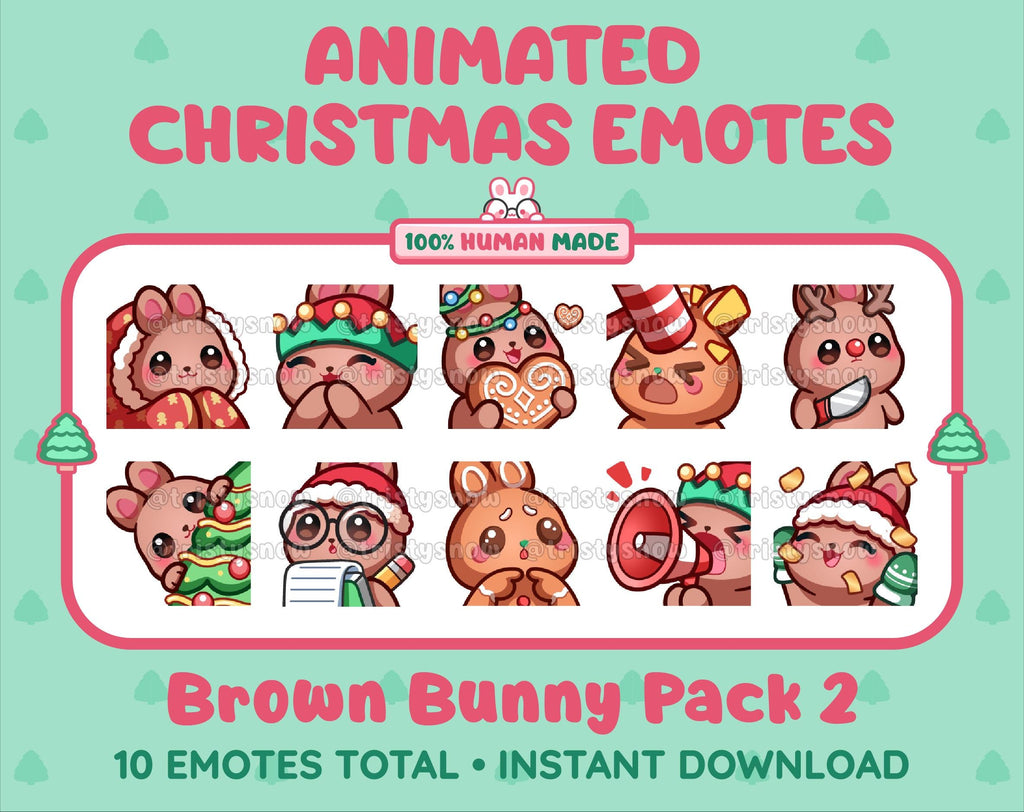 Brown Bunny Christmas animated Twitch emote pack featuring 10 emotes including cozy, bonk, lurk, and hype.