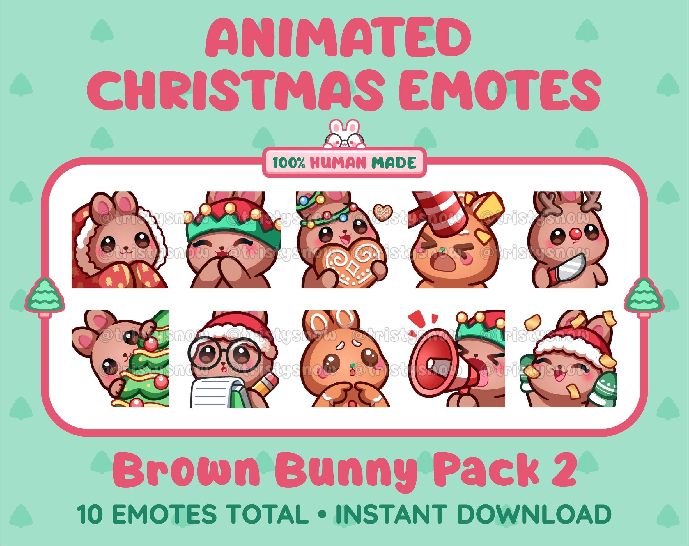 Brown Bunny Christmas animated Twitch emote pack featuring 10 emotes including cozy, bonk, lurk, and hype.