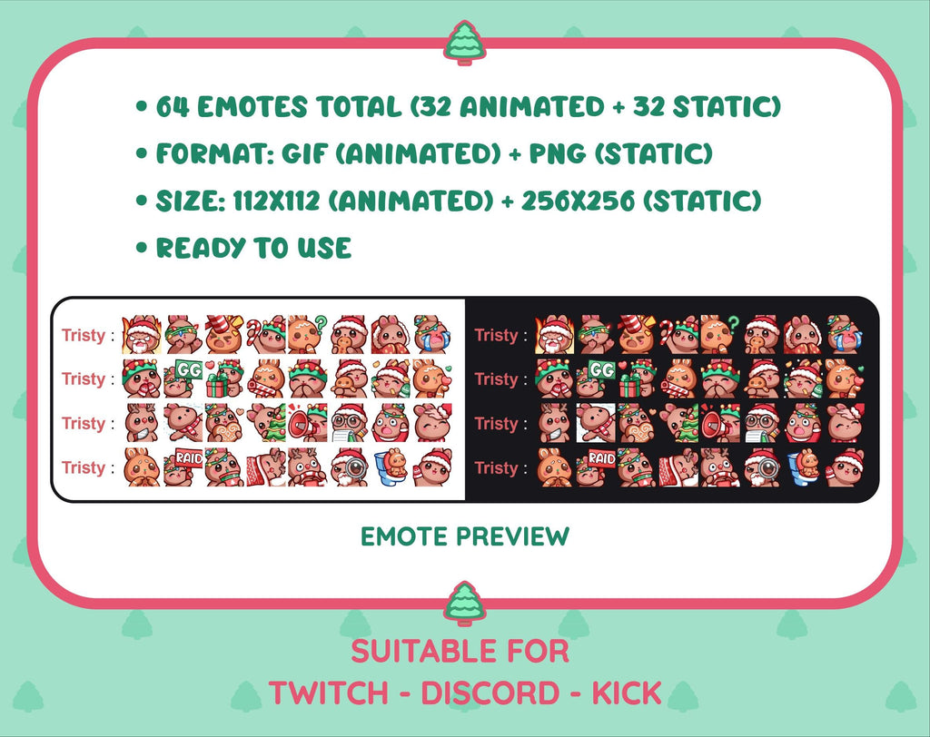 Brown Bunny Christmas animated Twitch emote mega pack preview displaying all 32 emotes with format and size information.