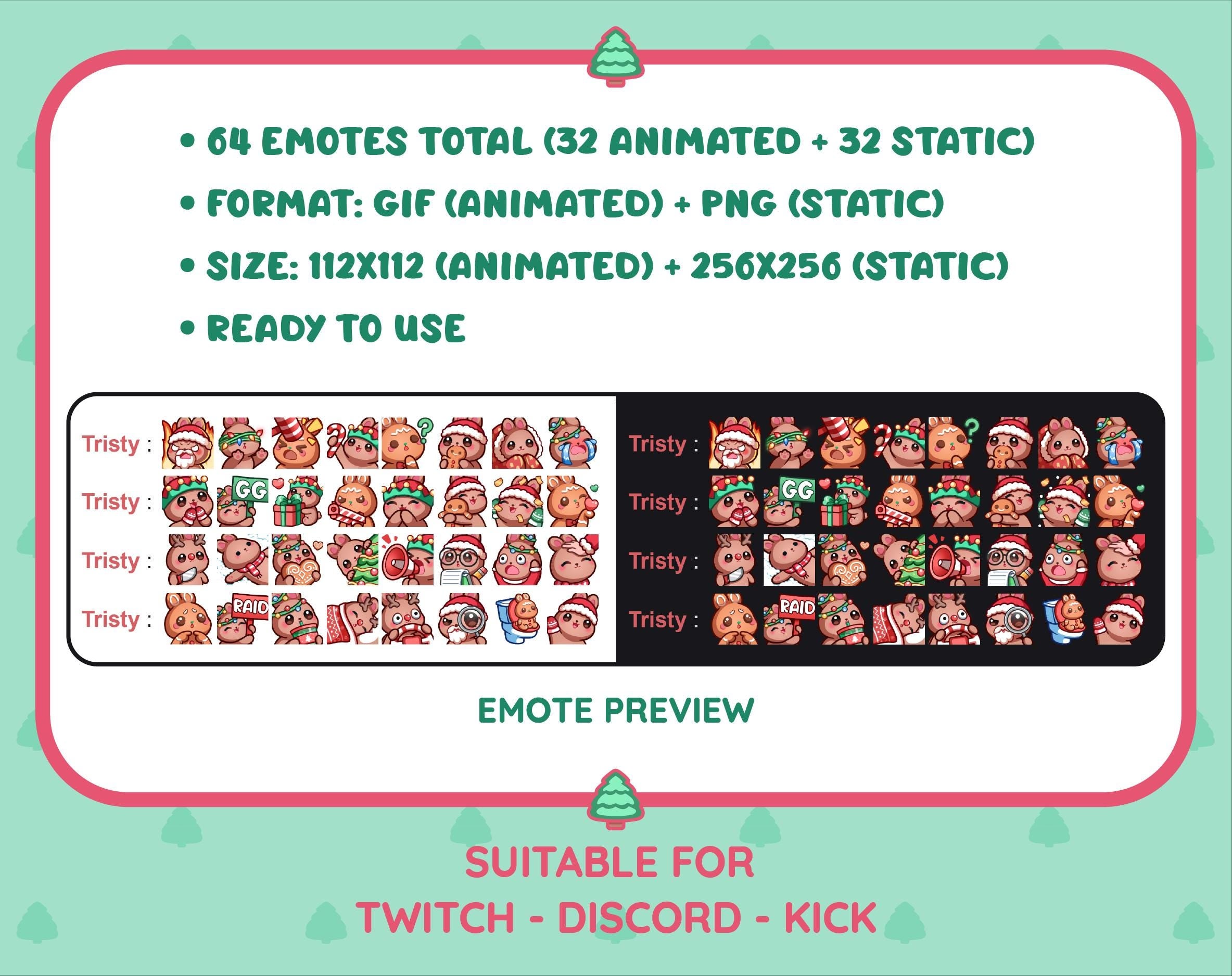 Brown Bunny Christmas animated Twitch emote mega pack preview displaying all 32 emotes with format and size information.