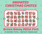 Brown Bunny Christmas animated Twitch emote mega pack featuring 32 emotes including hype, gift, candy, and cookie.