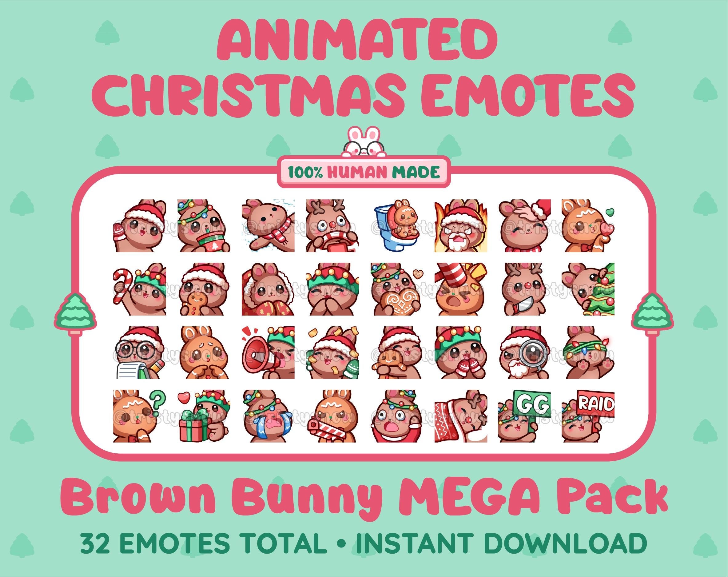 Brown Bunny Christmas animated Twitch emote mega pack featuring 32 emotes including hype, gift, candy, and cookie.