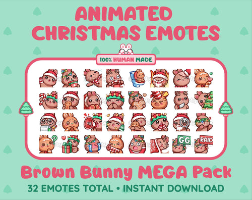 Brown Bunny Christmas animated Twitch emote mega pack featuring 32 emotes including hype, gift, candy, and cookie.