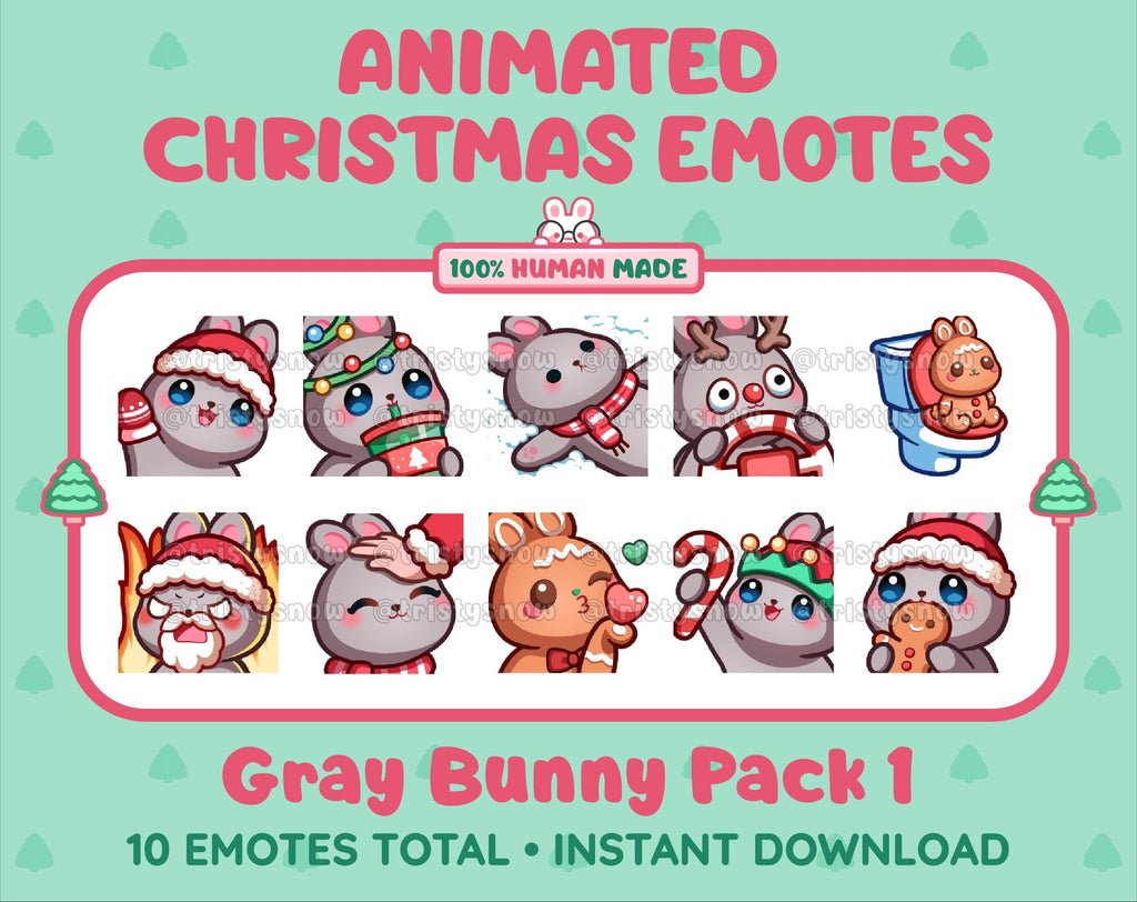 Gray Bunny Christmas animated Twitch emote pack featuring 10 emotes including angry, kiss, candy, and cookie.