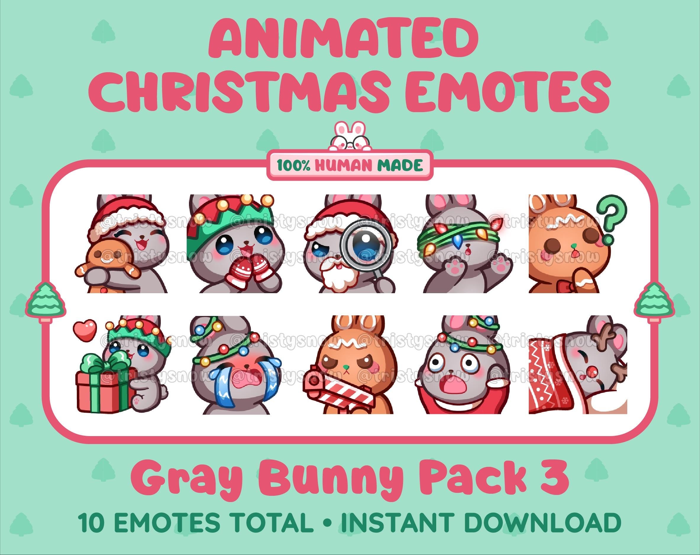Gray Bunny Christmas animated Twitch emote pack featuring 10 emotes including hug, sus, cry, and panic.