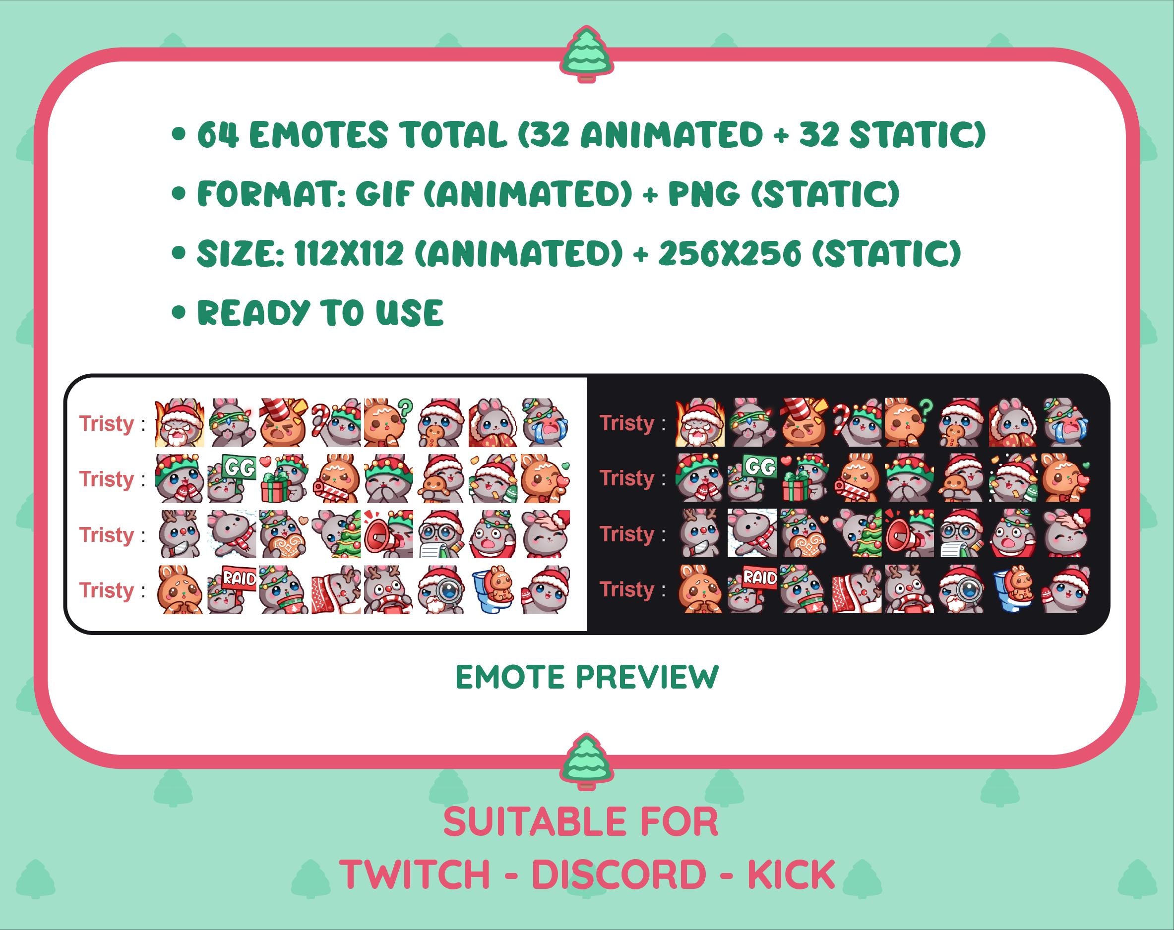 Gray Bunny Christmas animated Twitch emote mega pack preview displaying all 32 emotes with format and size information.