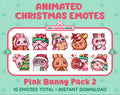 Pink Bunny Christmas animated Twitch emote pack featuring 10 emotes including cozy, bonk, lurk, and hype.
