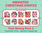 Pink Bunny Christmas animated Twitch emote pack featuring 10 emotes including cozy, bonk, lurk, and hype.