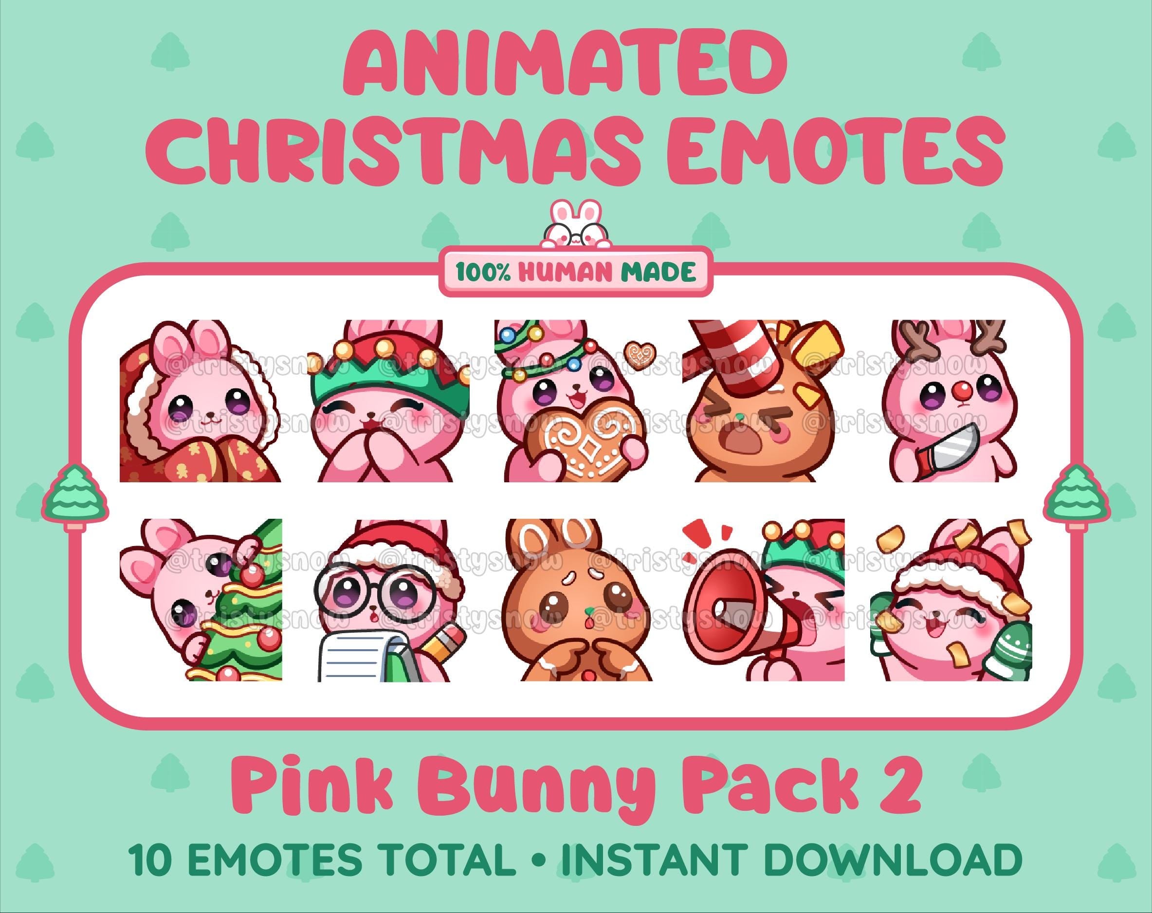 Pink Bunny Christmas animated Twitch emote pack featuring 10 emotes including cozy, bonk, lurk, and hype.