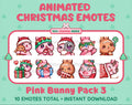 Pink Bunny Christmas animated Twitch emote pack featuring 10 emotes including hug, sus, cry, and panic.