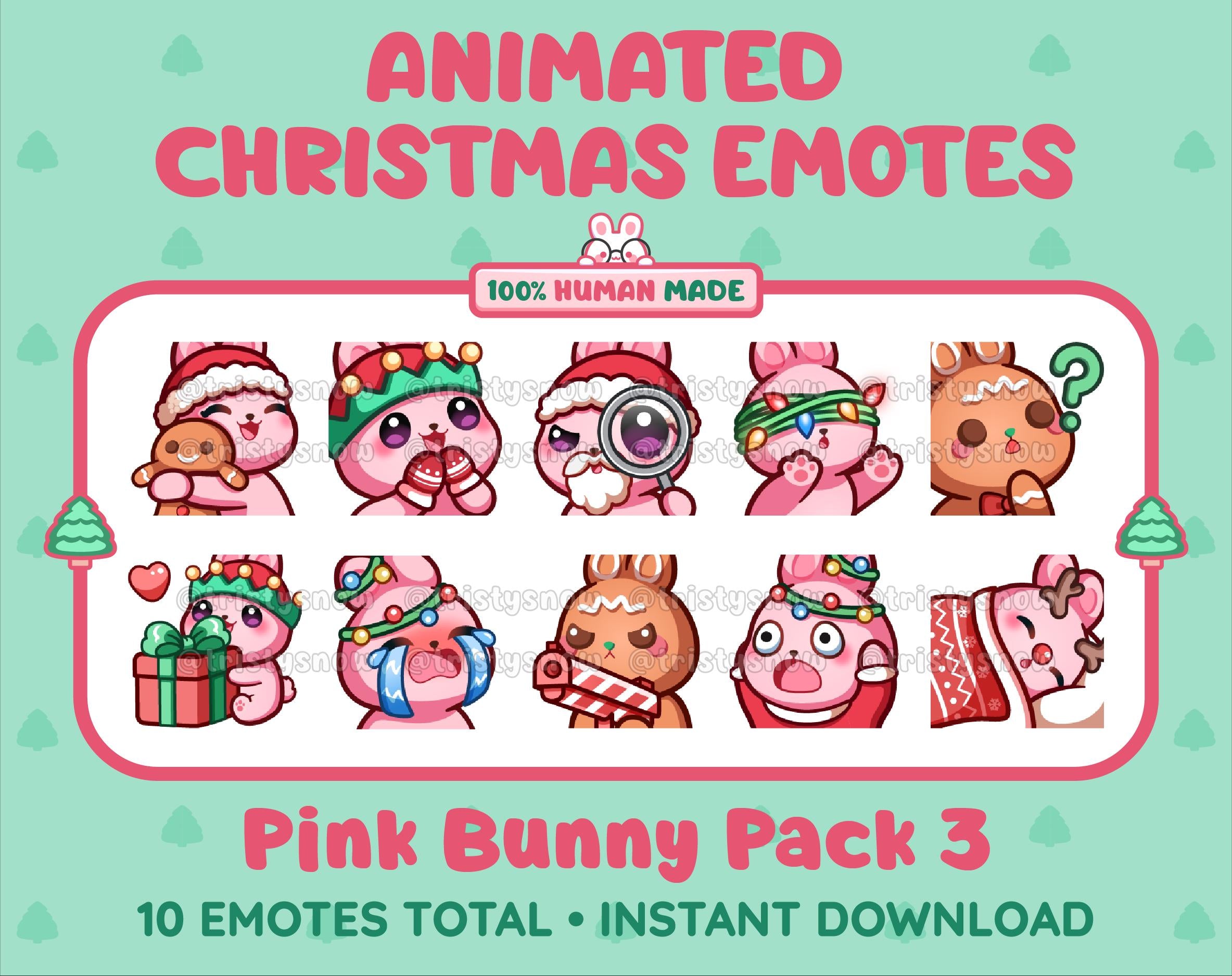 Pink Bunny Christmas animated Twitch emote pack featuring 10 emotes including hug, sus, cry, and panic.