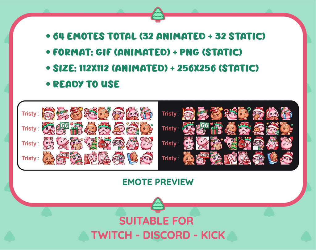 Pink Bunny Christmas animated Twitch emote mega pack preview displaying all 32 emotes with format and size information.