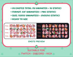 Pink Bunny Christmas animated Twitch emote mega pack preview displaying all 32 emotes with format and size information.