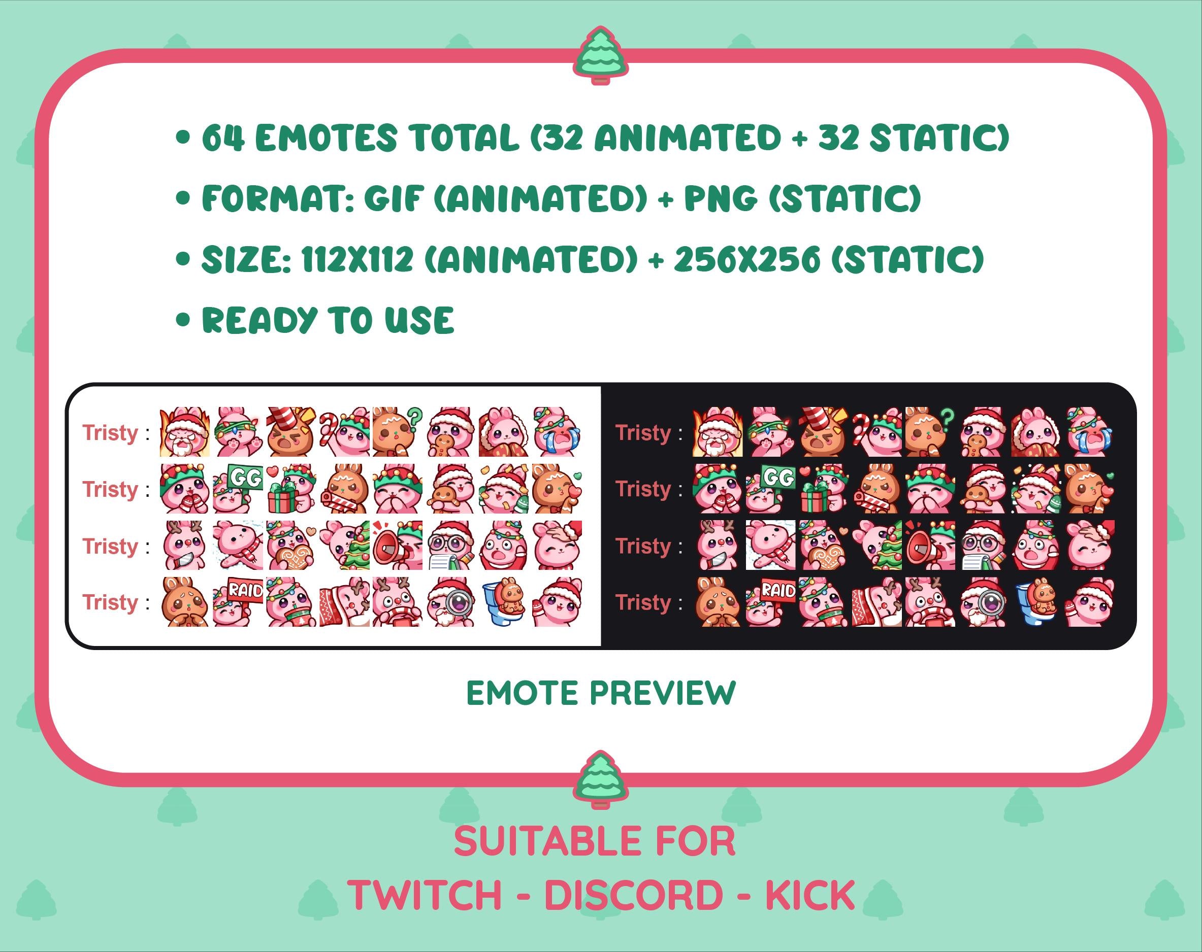 Pink Bunny Christmas animated Twitch emote mega pack preview displaying all 32 emotes with format and size information.