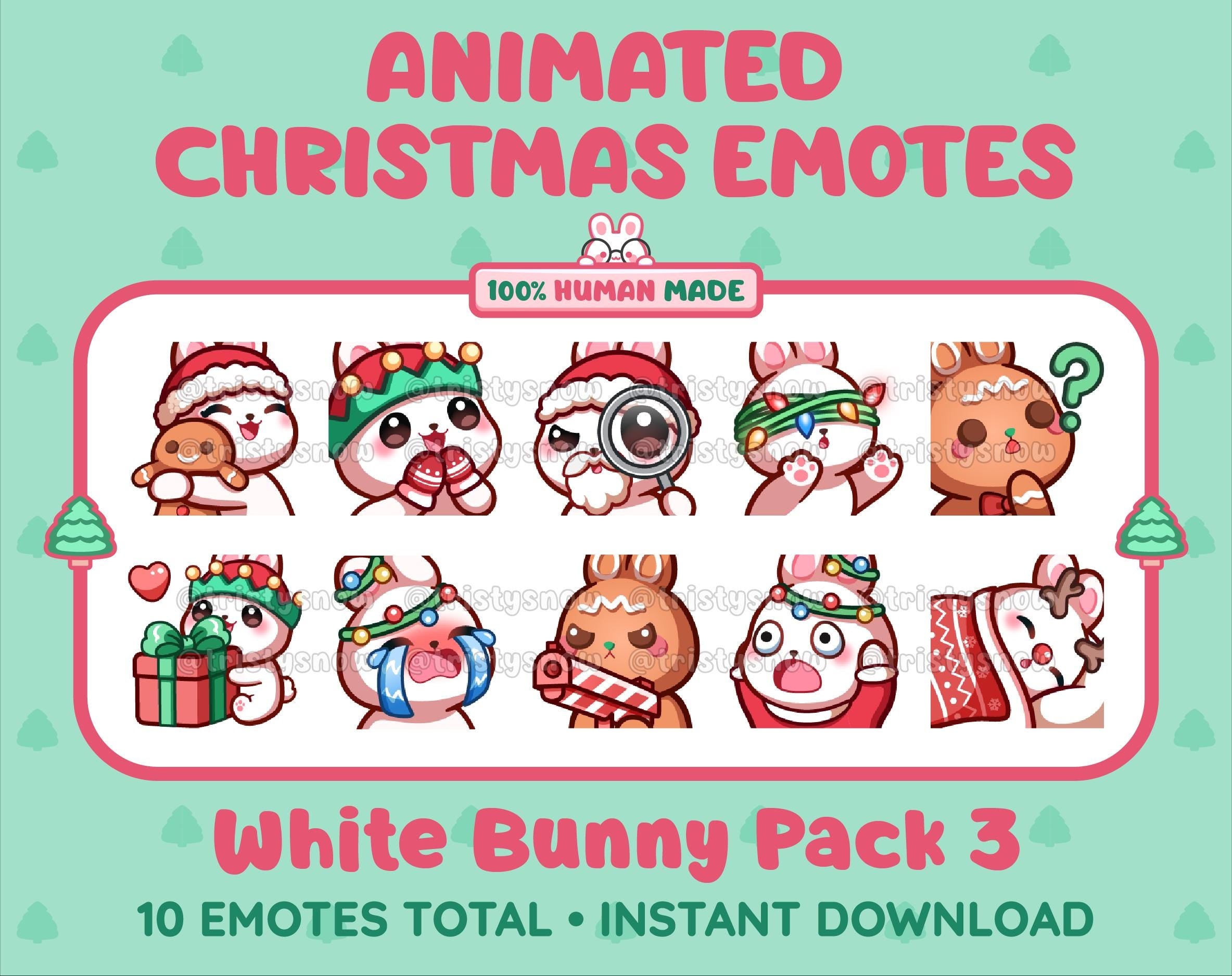 White Bunny Christmas animated Twitch emote pack featuring 10 emotes including hug, sus, cry, and panic.