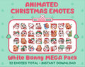 White Bunny Christmas animated Twitch emote mega pack featuring 32 emotes including hype, gift, candy, and cookie.