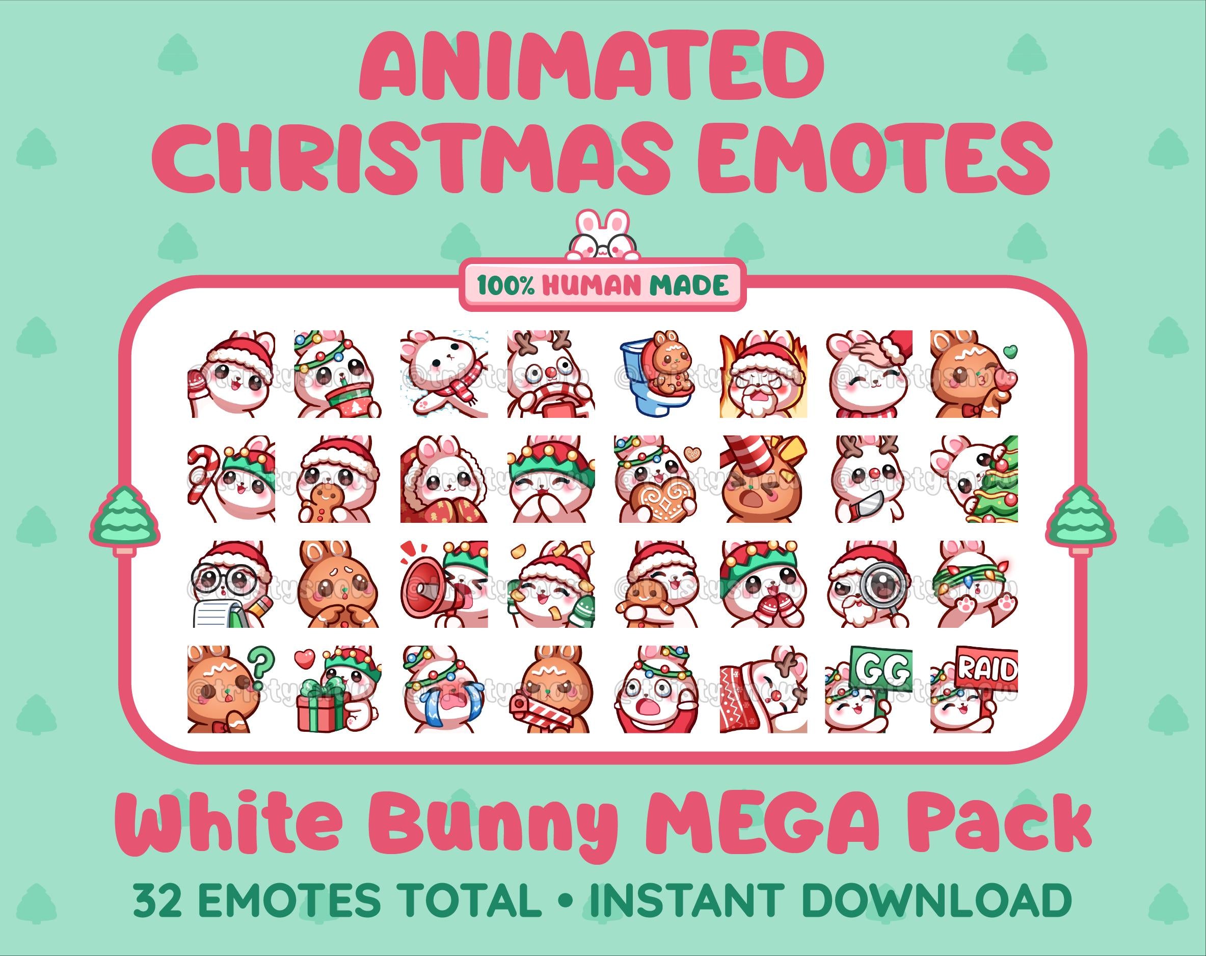 White Bunny Christmas animated Twitch emote mega pack featuring 32 emotes including hype, gift, candy, and cookie.