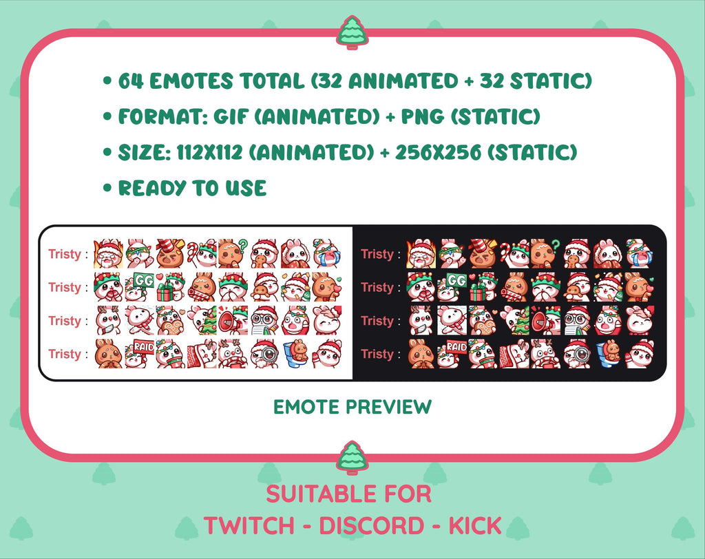 White Bunny Christmas animated Twitch emote mega pack preview displaying all 32 emotes with format and size information.