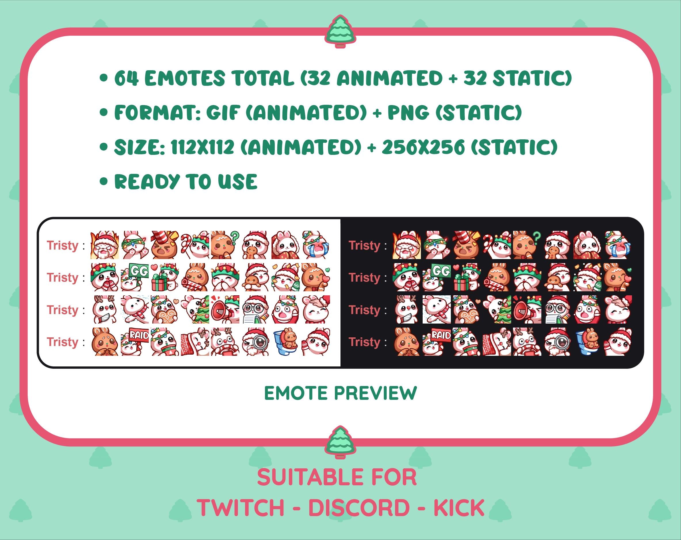 White Bunny Christmas animated Twitch emote mega pack preview displaying all 32 emotes with format and size information.