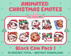 Black Cow Christmas animated Twitch emote pack featuring 10 emotes including angry, kiss, candy, and cookie.