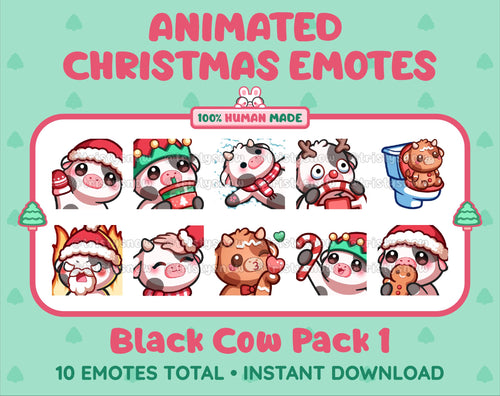 Black Cow Christmas animated Twitch emote pack featuring 10 emotes including angry, kiss, candy, and cookie.
