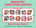 Black Cow Christmas animated Twitch emote pack featuring 10 emotes including hug, sus, cry, and panic.