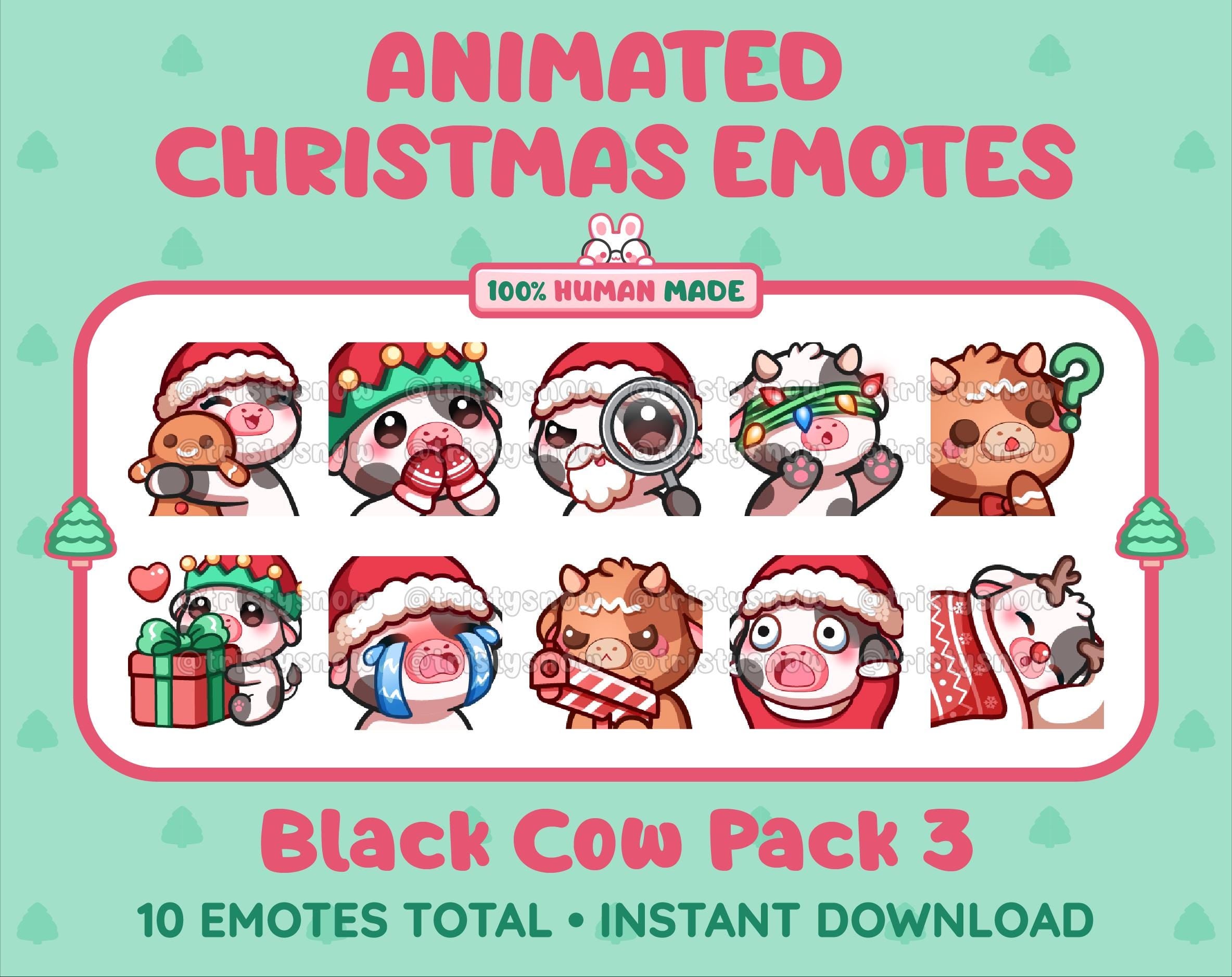 Black Cow Christmas animated Twitch emote pack featuring 10 emotes including hug, sus, cry, and panic.