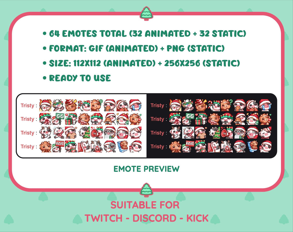 Black Cow Christmas animated Twitch emote mega pack preview displaying all 32 emotes with format and size information.